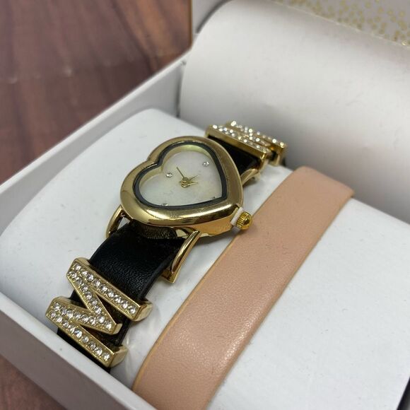 Women's "Mom" Black/Pink Leather Strap GOLD WHITE DIAL Analog Watch 21mm  PC07 - Picture 1 of 5
